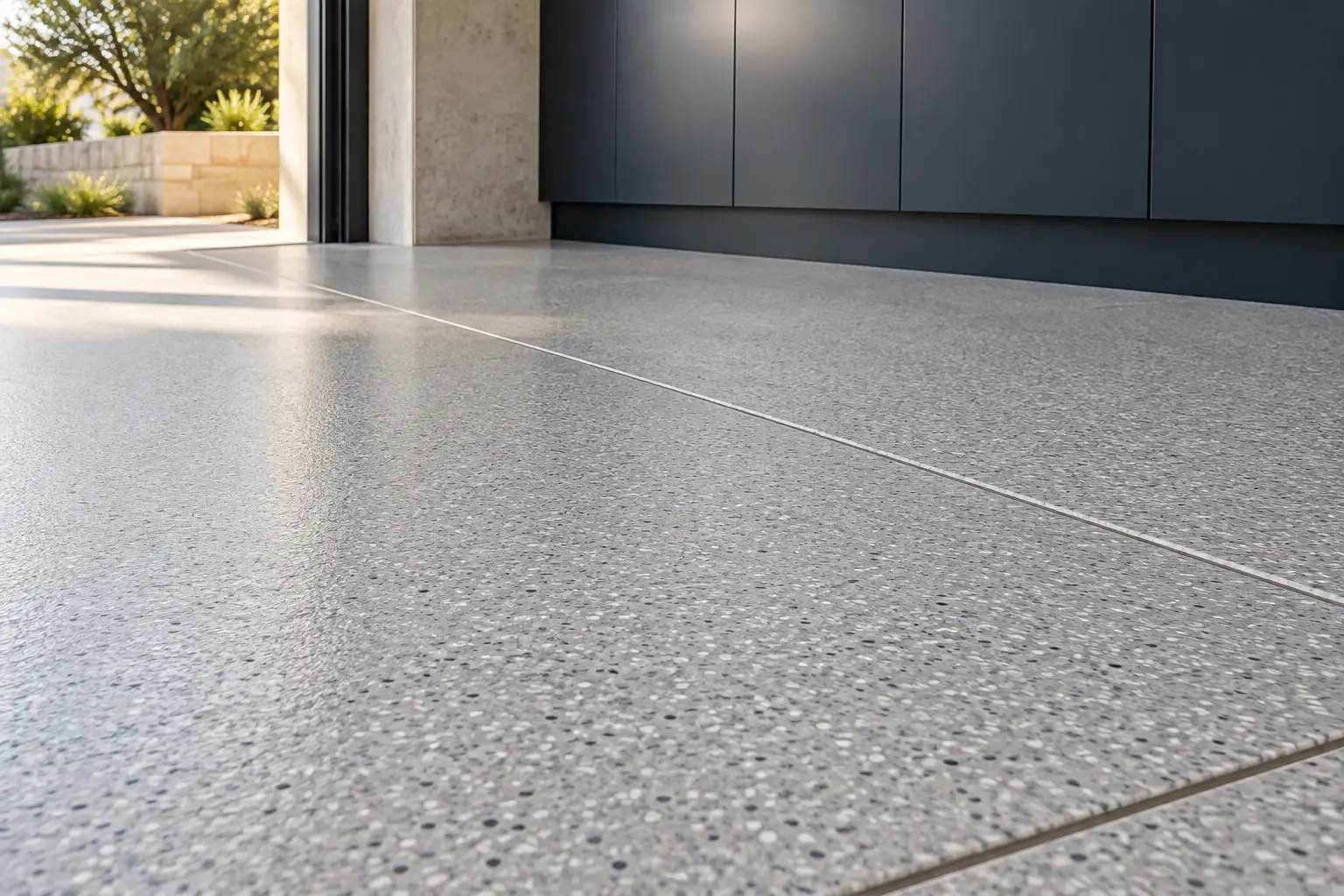 Seamless garage floor beside fitted cabinetry
