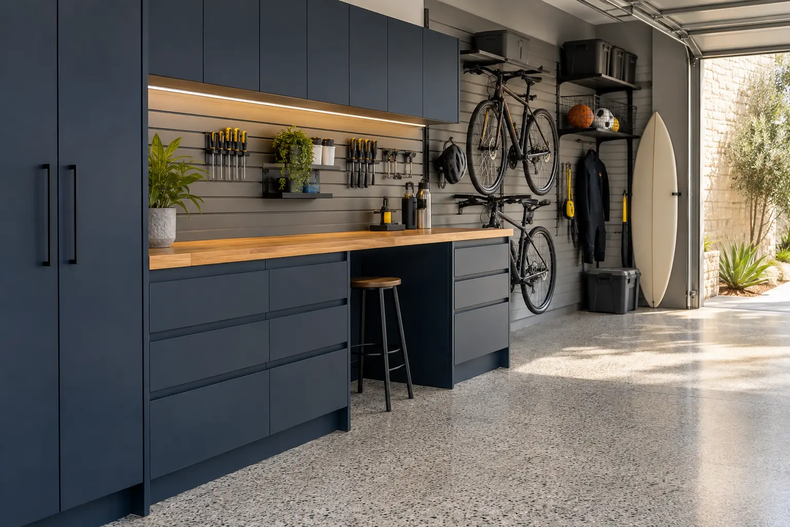 Tailored garage cabinetry and organised wall storage
